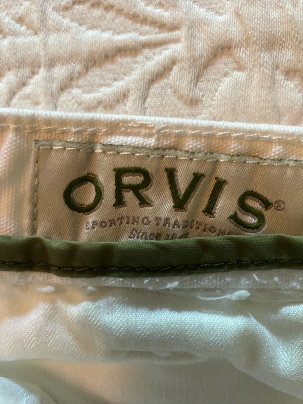 Orvis Ivory Quilted Jacket with Olive Trim